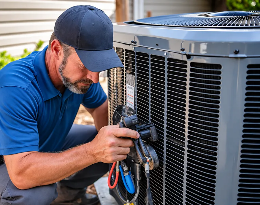 Technician Inspecting HVAC Unit in Residential Setting