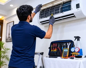 Technician Performing HVAC Repair Service on Wall-Mounted AC Unit