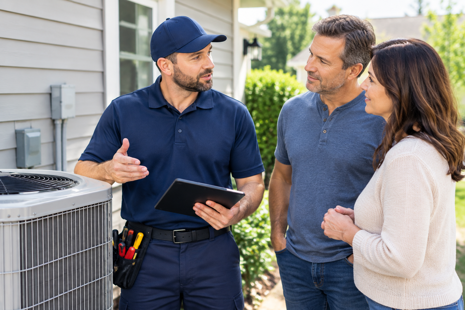 Technician Explains HVAC Repair Service to Couple Outside Their Home