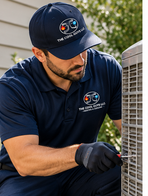 Technician Repairing HVAC Unit Outdoors Wearing Uniform and Cap