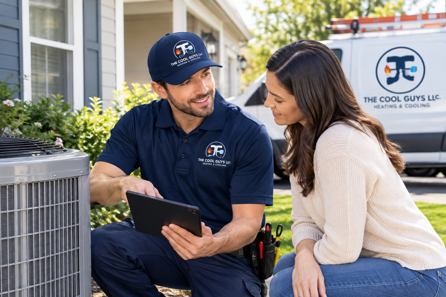 Technician Discussing HVAC Repair Service with a Woman Outdoors