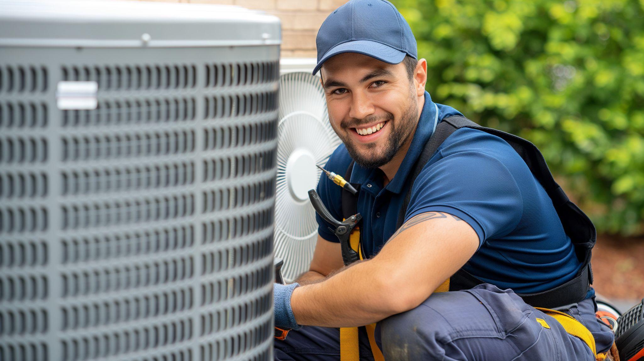 Technician Smiling Next to HVAC Unit Performing Repair Service