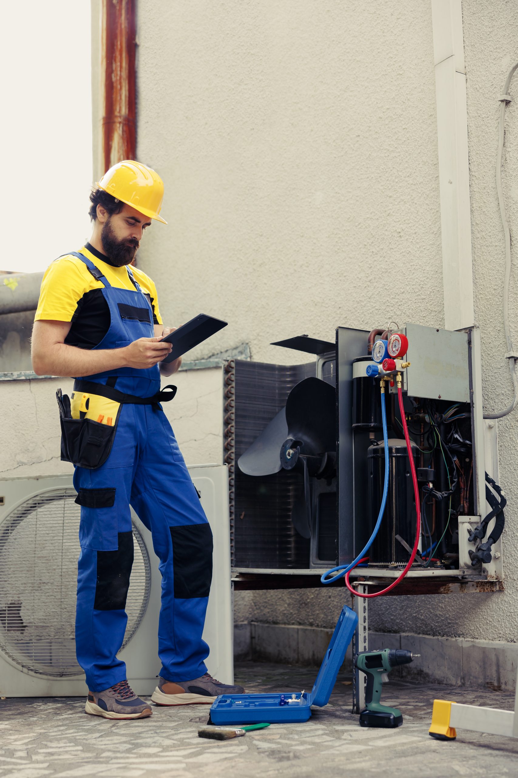 Technician Inspecting HVAC System with Tools and Safety Gear